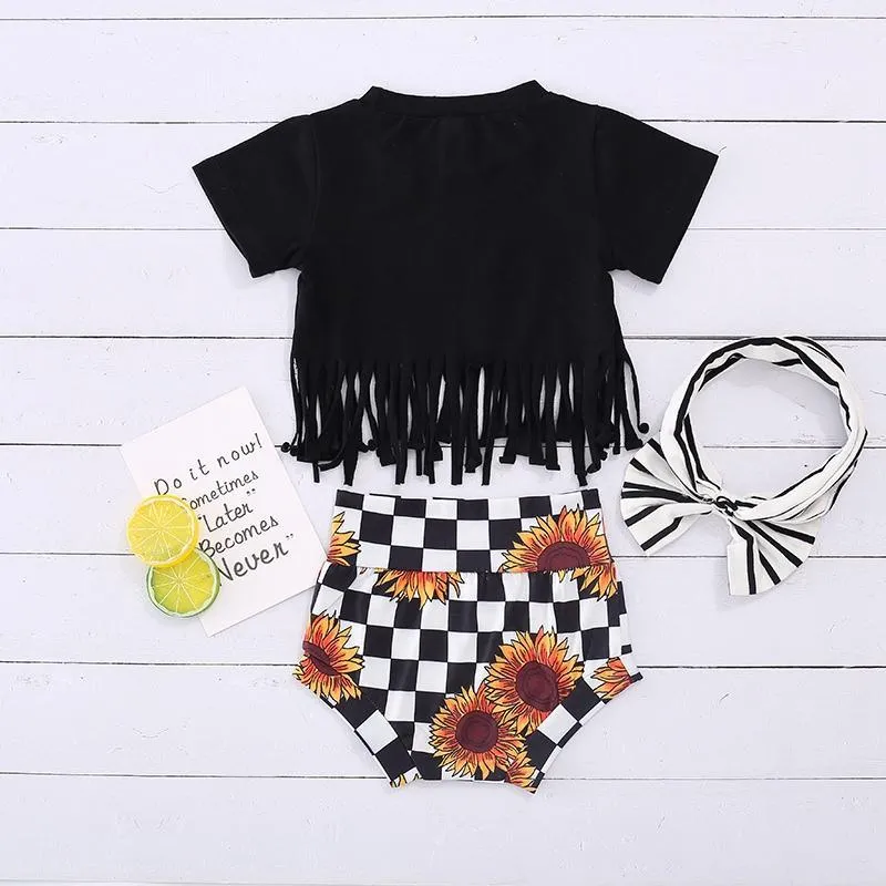 3-piece Tassel Tops & Shorts & Headband for Baby Girl Wholesale children's clothing