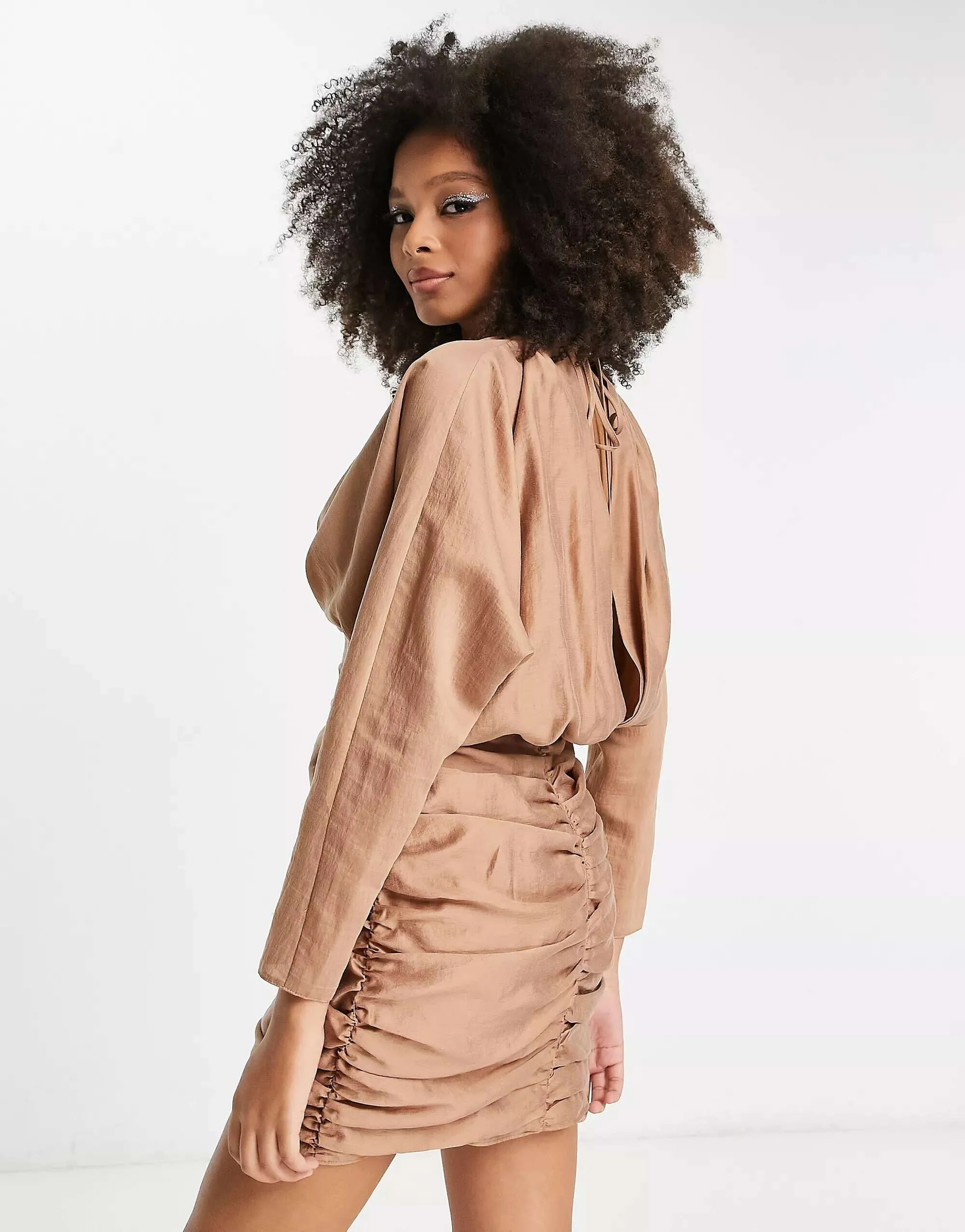 ASOS Long Sleeve Ruffle Mini Dress in Tan