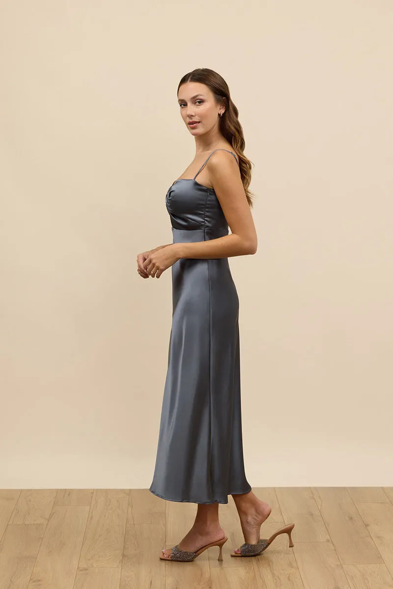 B4091 - V-Neck Spaghetti Straps Bow Cut Outs Satin Midi Bridesmaid Dress