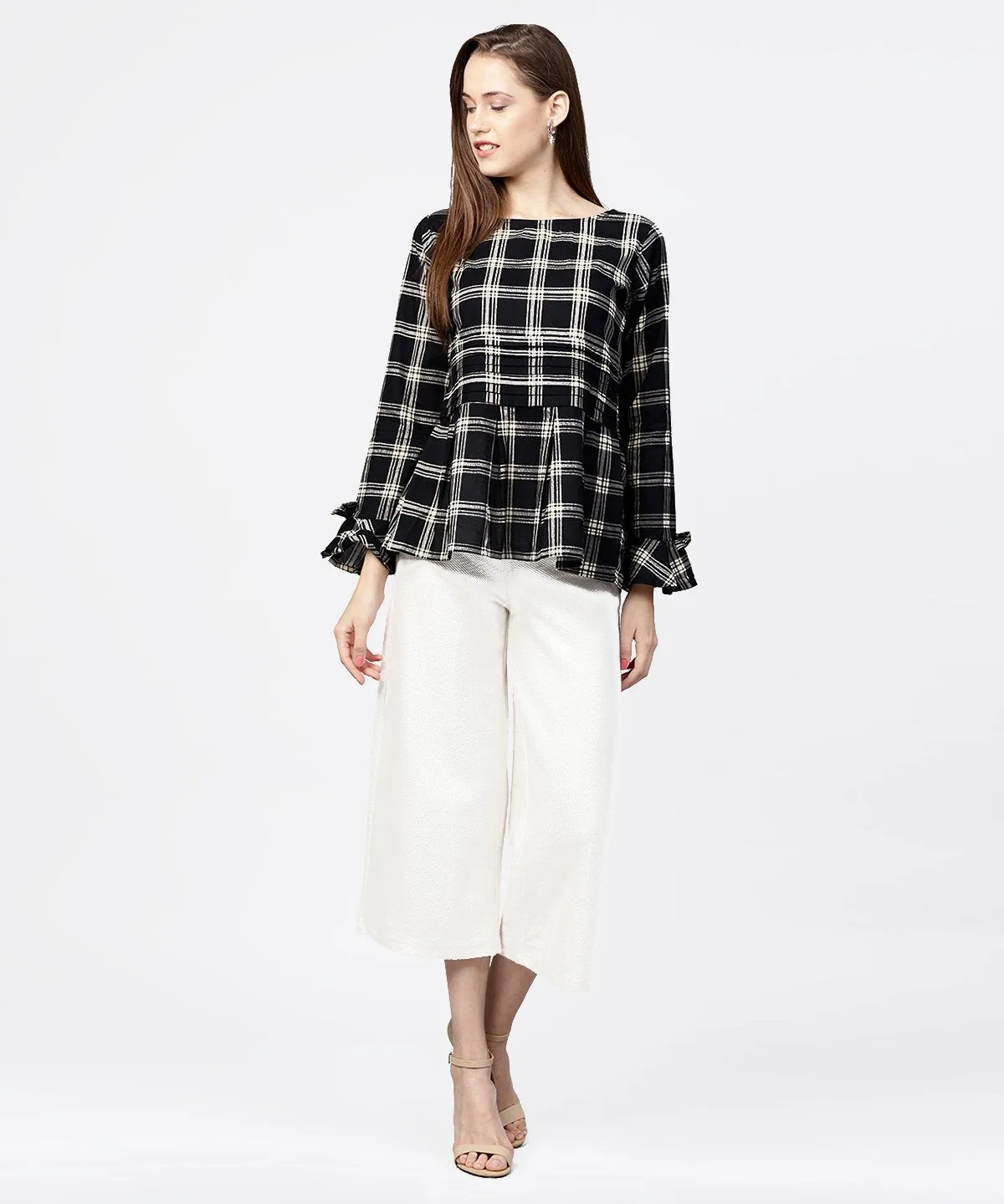 Black Check Peplum Style Tops With Flared Sleeve