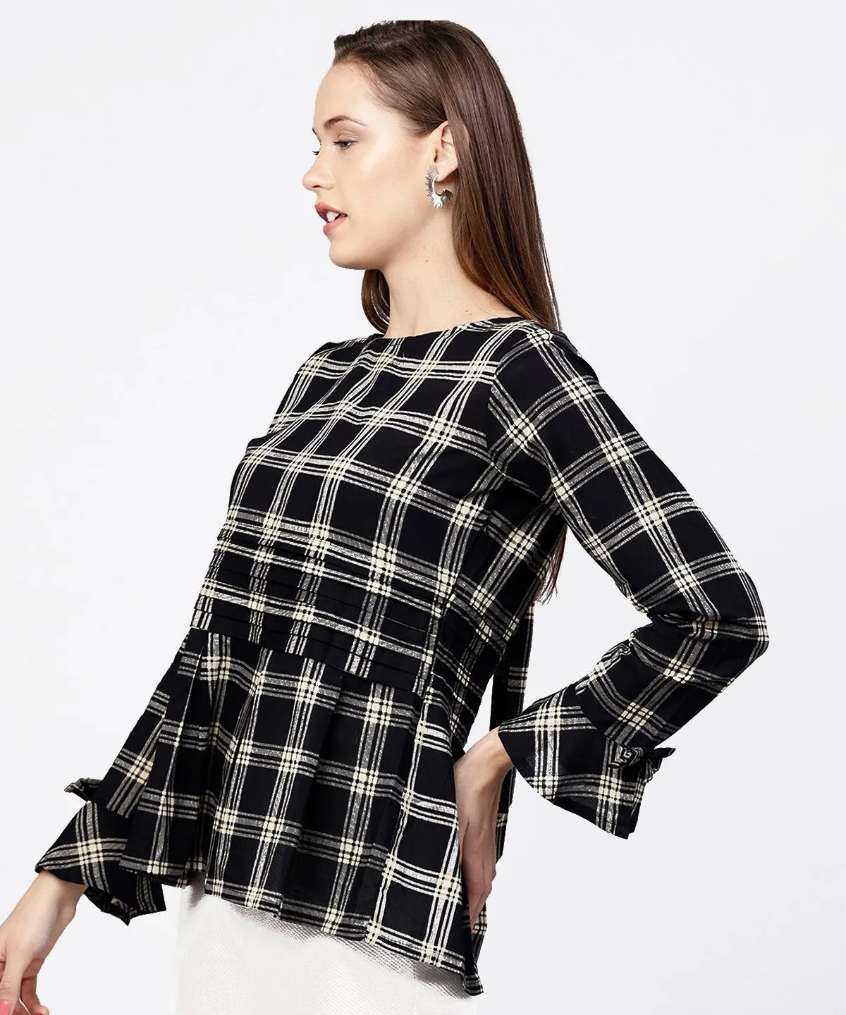 Black Check Peplum Style Tops With Flared Sleeve