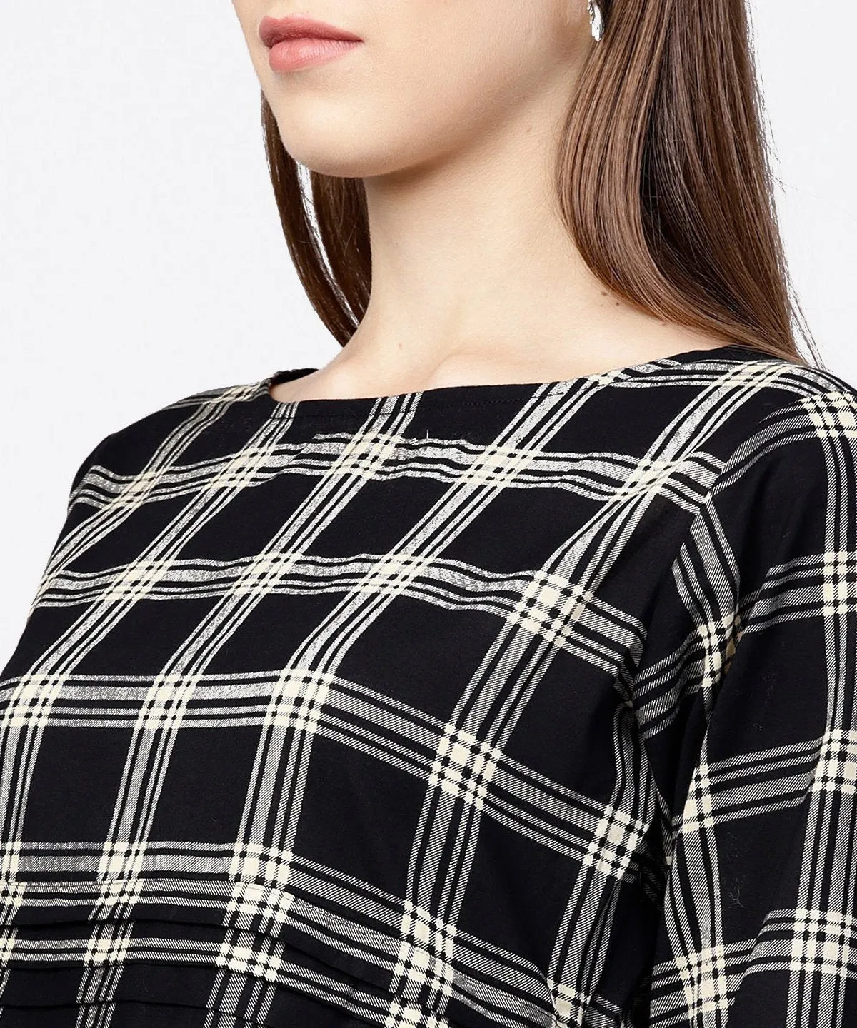 Black Check Peplum Style Tops With Flared Sleeve