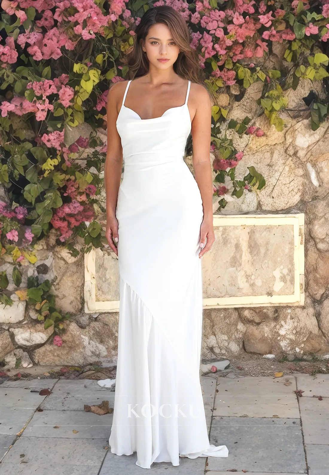 Causal & Simple Sheath Strapless Satin Boho Wedding Gowns with Train