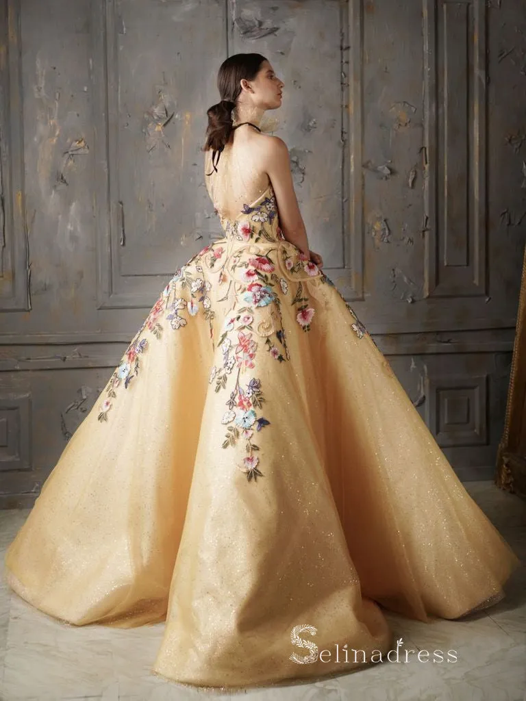 Chic Ball Gown High Neck Gold Long Prom Dresses Embroidery Evening Gowns MHL172