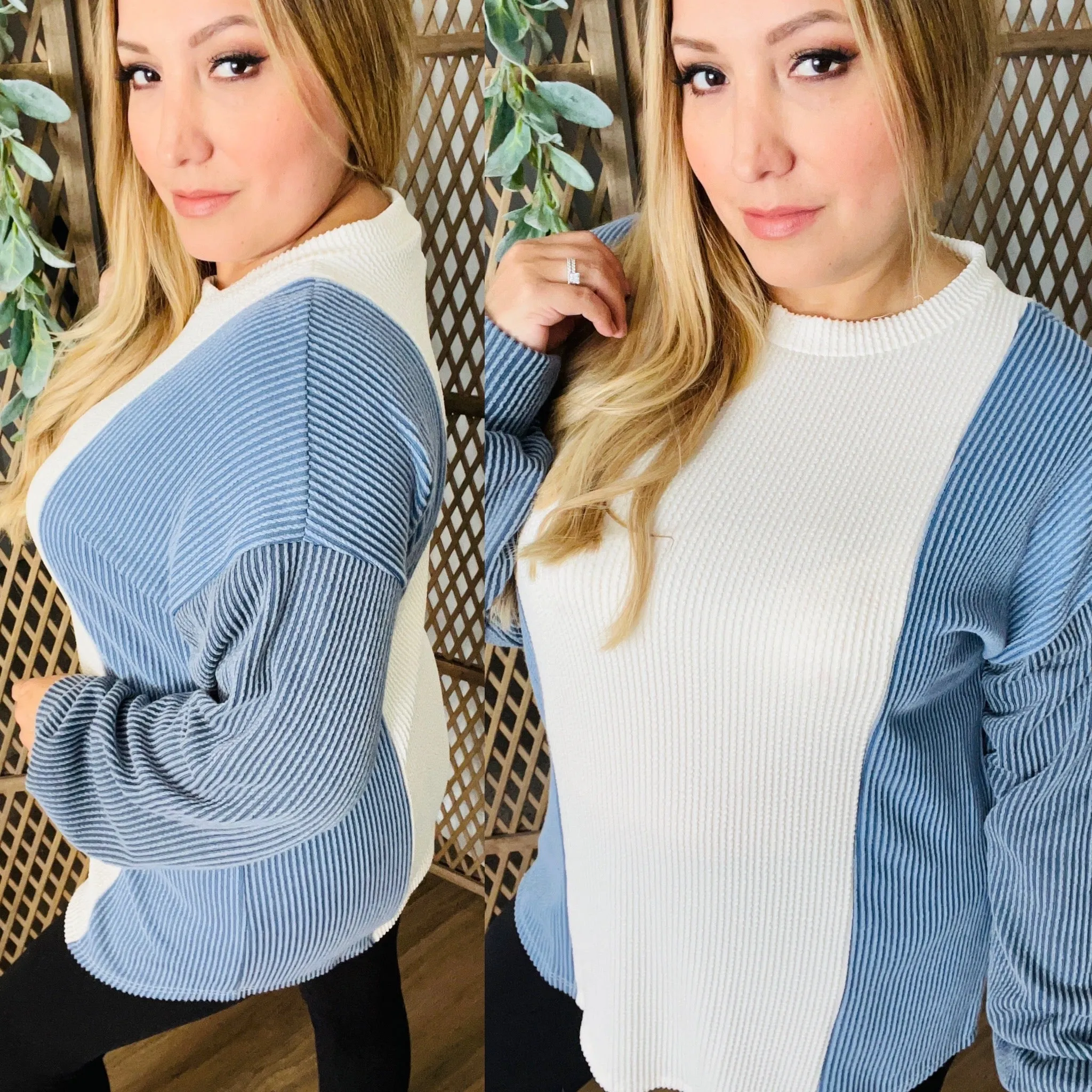 Color Block Bishop Sleeve Top: Dark Denim