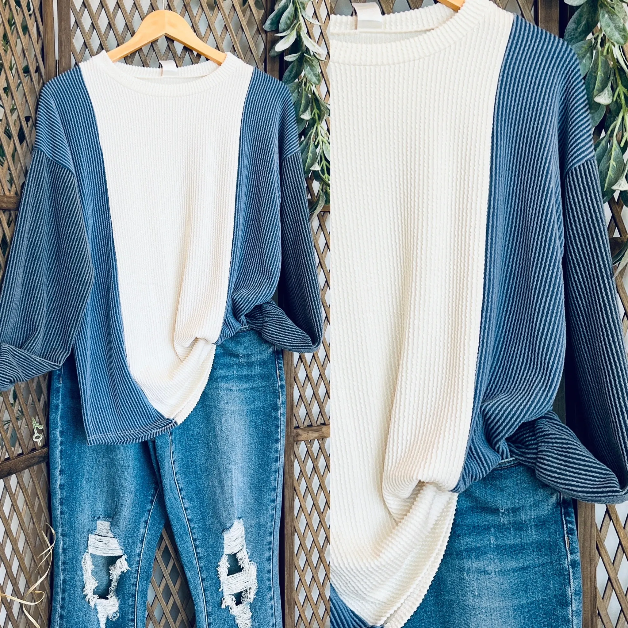 Color Block Bishop Sleeve Top: Dark Denim