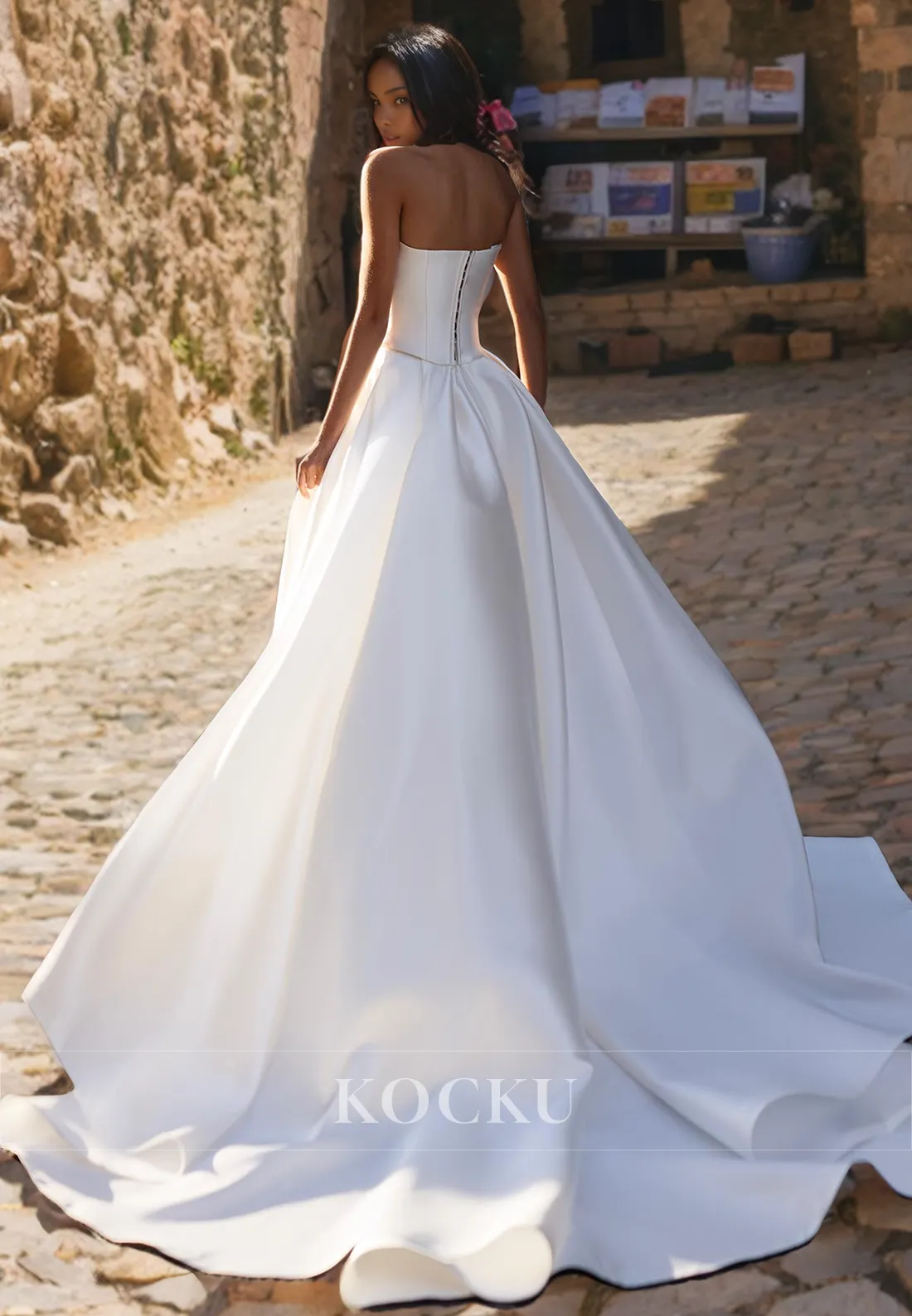 Couture & Ornate Off-Shoulder Beaded A-Line Split Satin Wedding Dress