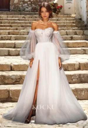 Couture & Ornate Off-Shoulder Long sleeves A-Line Split Tulle Wedding Dress