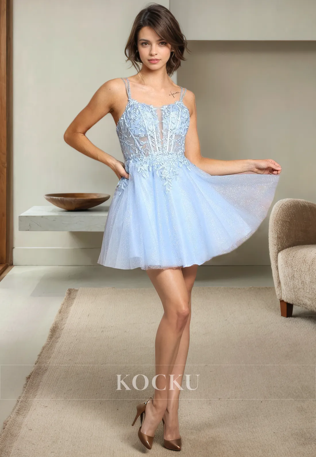 Couture & Ornate Spaghetti Straps A-Line Appliques Party Homecoming Dress