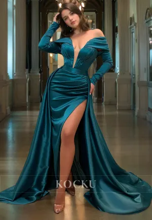 Couture & Ornate V-Neck Long sleeves Mermaid Split Ruched Evening Party Prom Dress