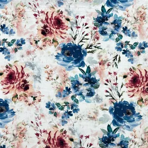 Floral Elegance on White Viscose Challis Fabric