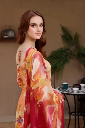 GARDENIA-FT402 Unstitched 3PC (Orange Color With Multi Colored Floral Print)