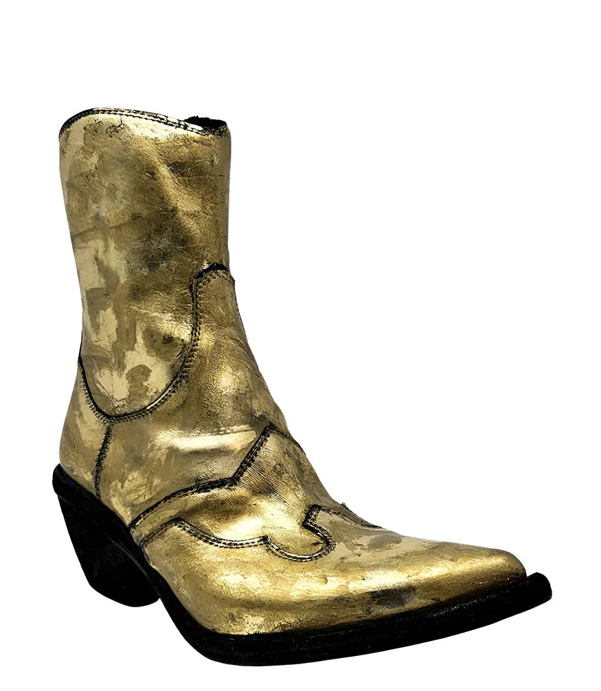 Gold Laminated Pointy Toe Ankle Boot