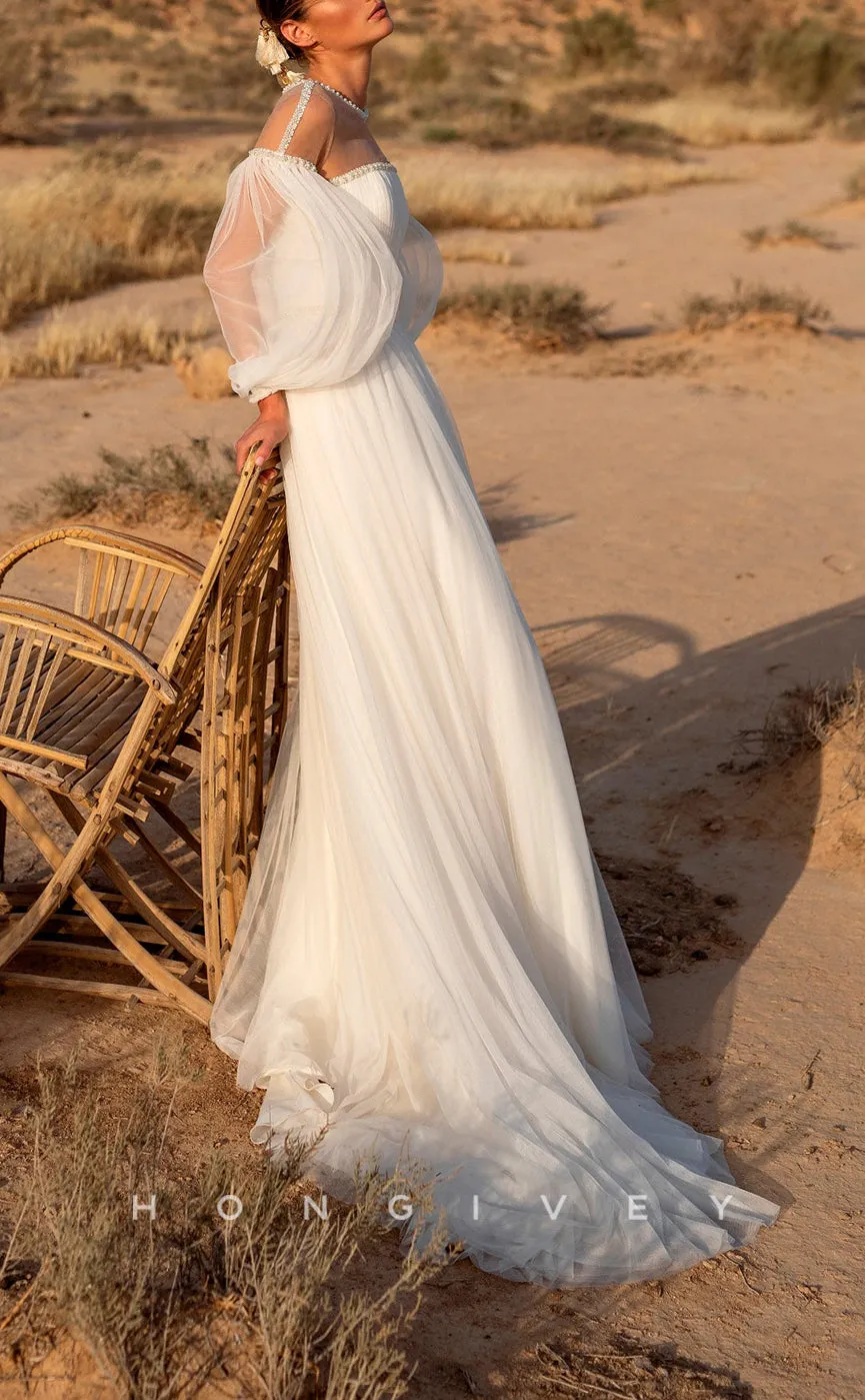 H1040 - Elegant & Luxurious Round Sheer Long Sleeves Beaded Long Wedding Dress