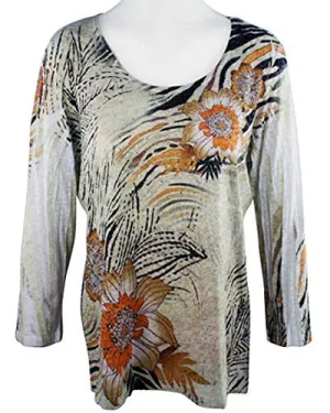 Impulse California Mystic Brown, 3/4 Sleeve, Scoop Neck Top with Burnout Accents