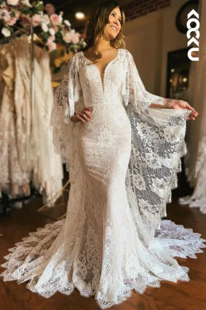 K1962 - Glamorous & Dramatic V-neck Long Sleeves Fully Applique Mermaid Wedding Dress