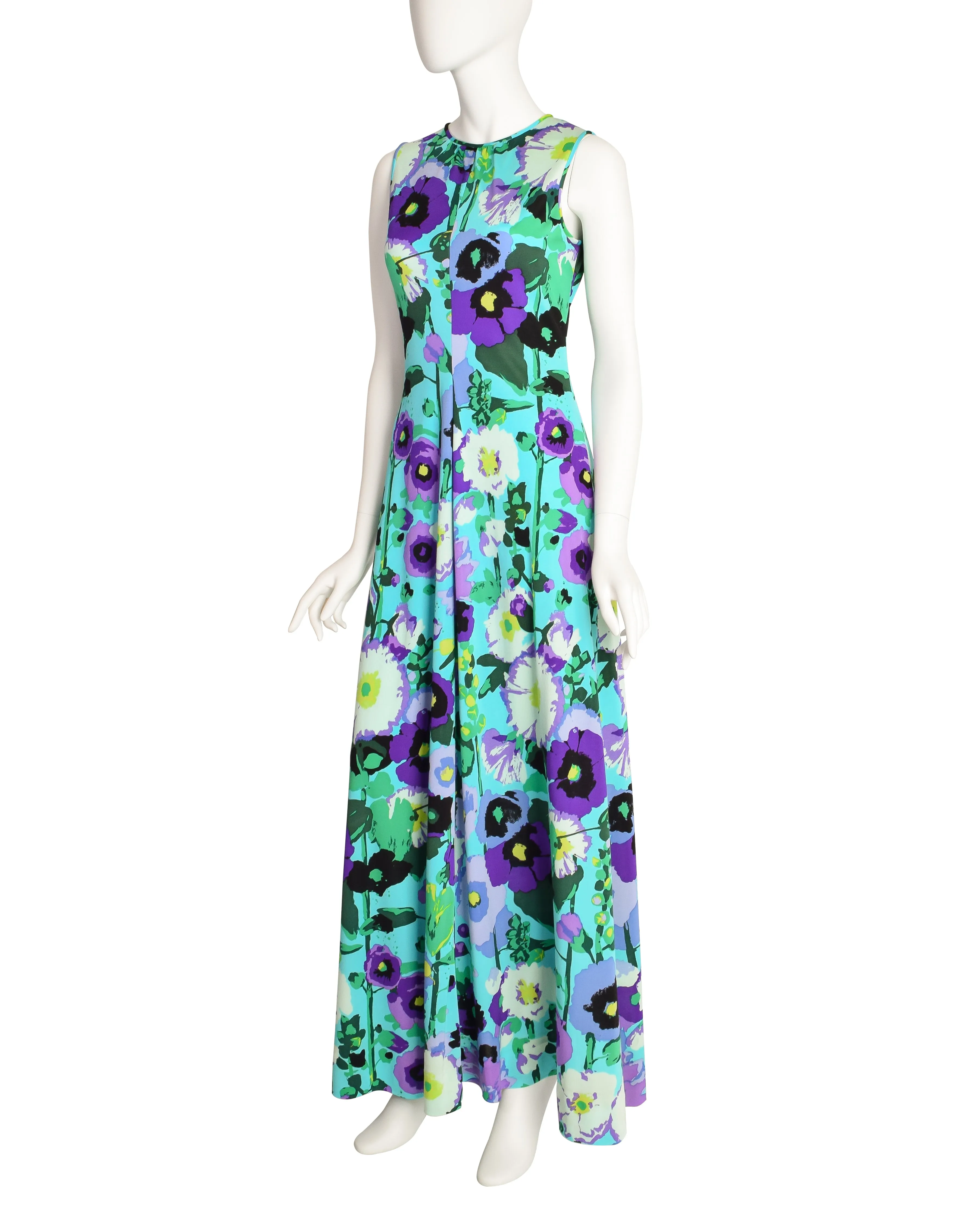 Ken Scott Vintage 1970s Vibrant Aqua Purple Floral Print Maxi Dress