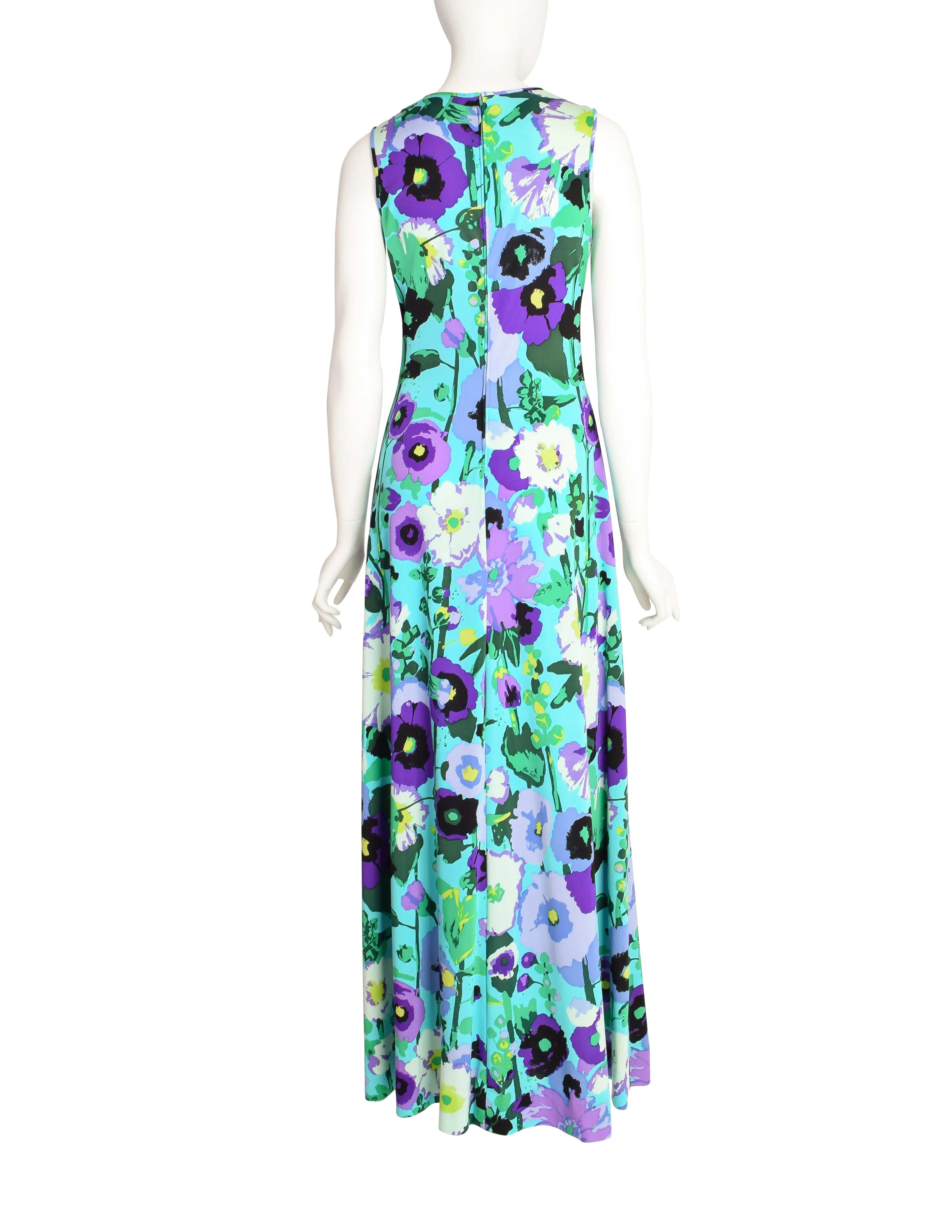 Ken Scott Vintage 1970s Vibrant Aqua Purple Floral Print Maxi Dress