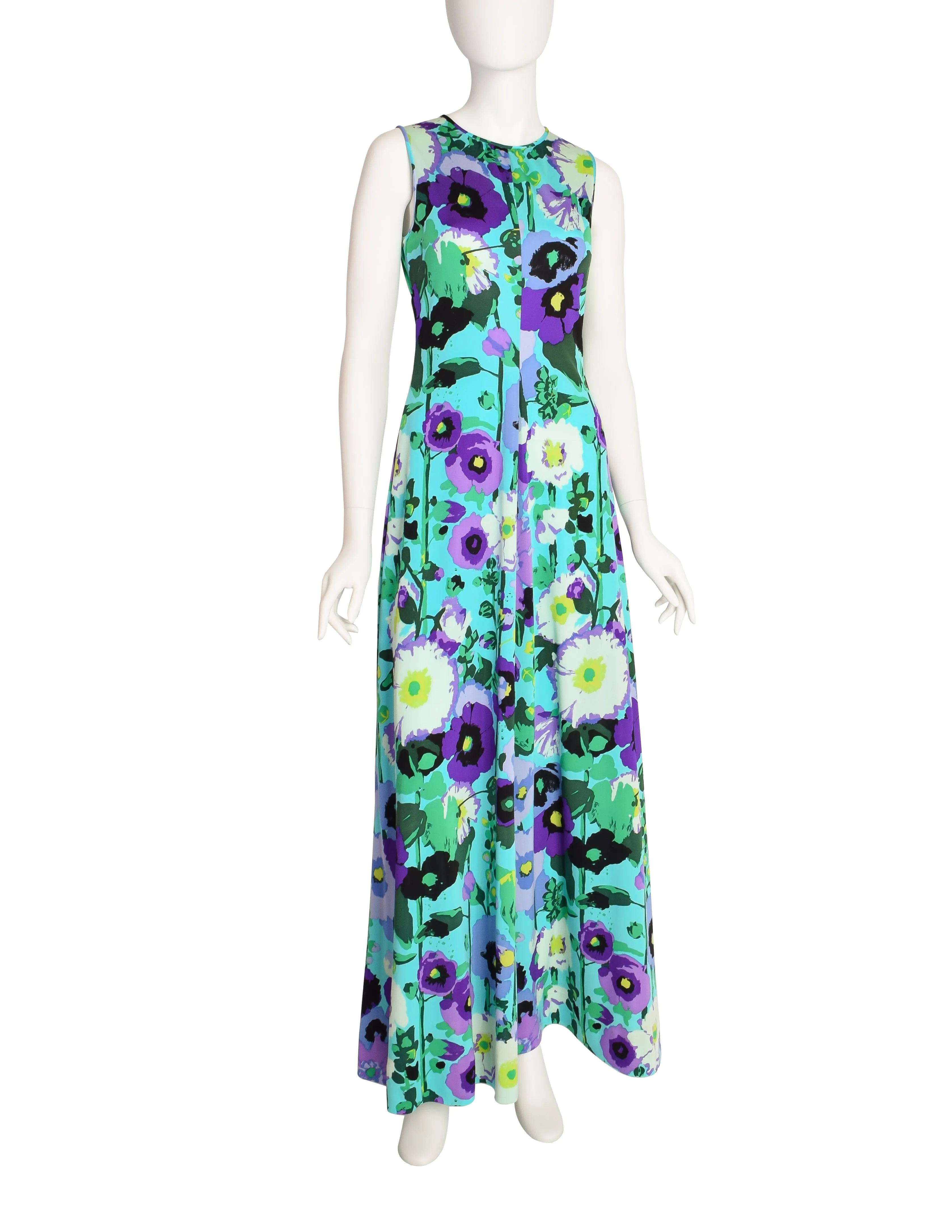 Ken Scott Vintage 1970s Vibrant Aqua Purple Floral Print Maxi Dress