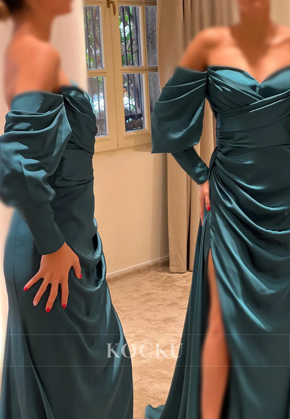 L3081 - Classic & Timeless Off-Shoulder Long sleeves Mermaid Ruched Evening Party Prom Dress