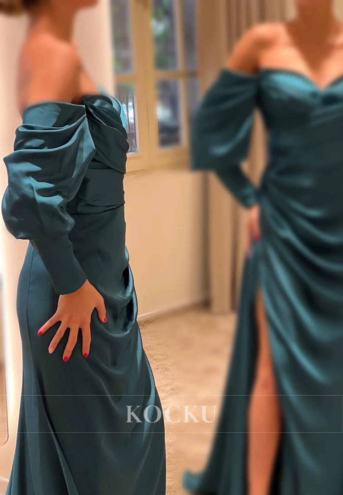 L3081 - Classic & Timeless Off-Shoulder Long sleeves Mermaid Ruched Evening Party Prom Dress