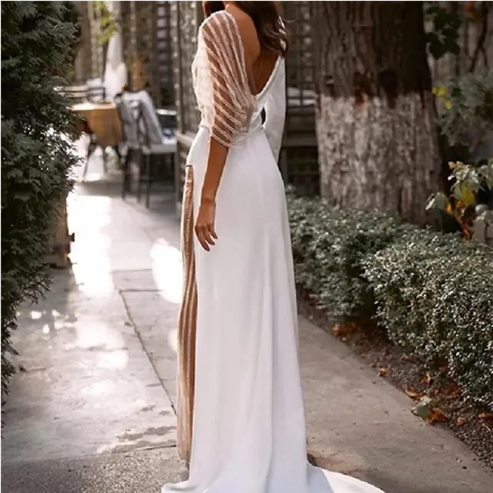 Long Sleeve Tulle V-neck Back Slit Wedding Party Evening Prom Dress