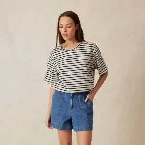 Longline Step Hem Tee - Cloud Marle   Black Stripe