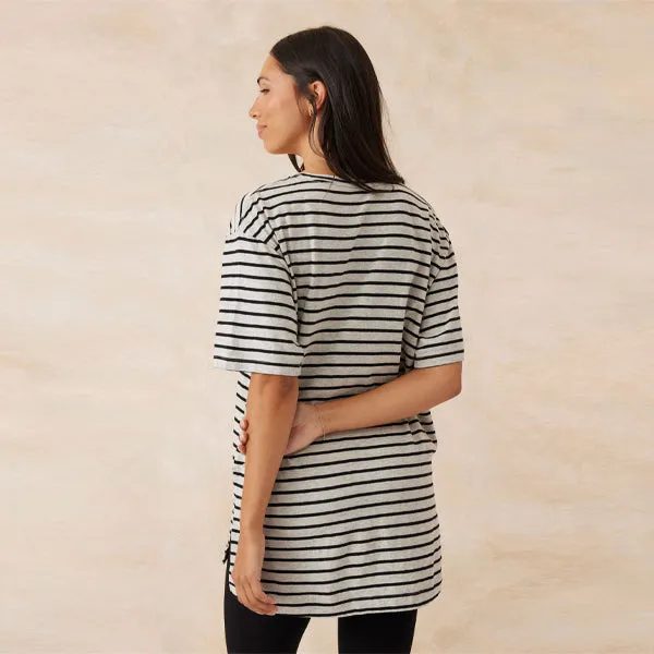 Longline Step Hem Tee - Cloud Marle   Black Stripe