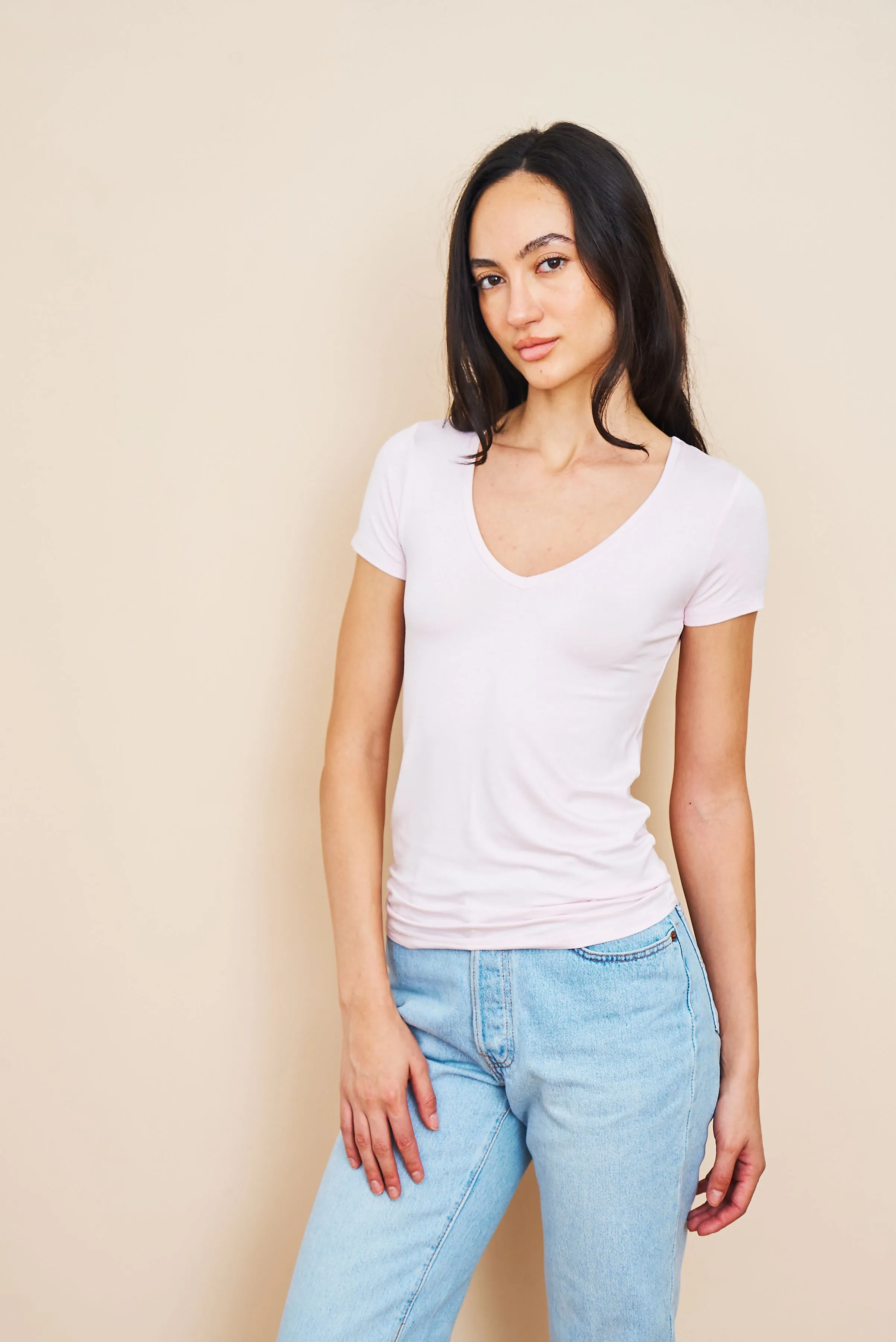 Majestic Short Sleeve V-Neck Tee in Petale