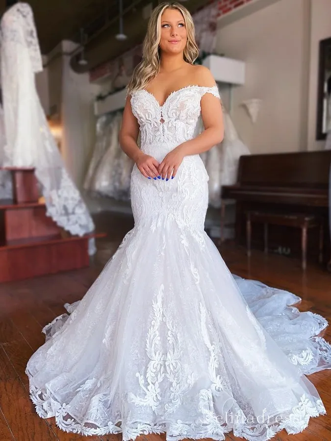 Mermaid Off-the-shoulder Lace Wedding Dresses White Wedding Gowns CBD486