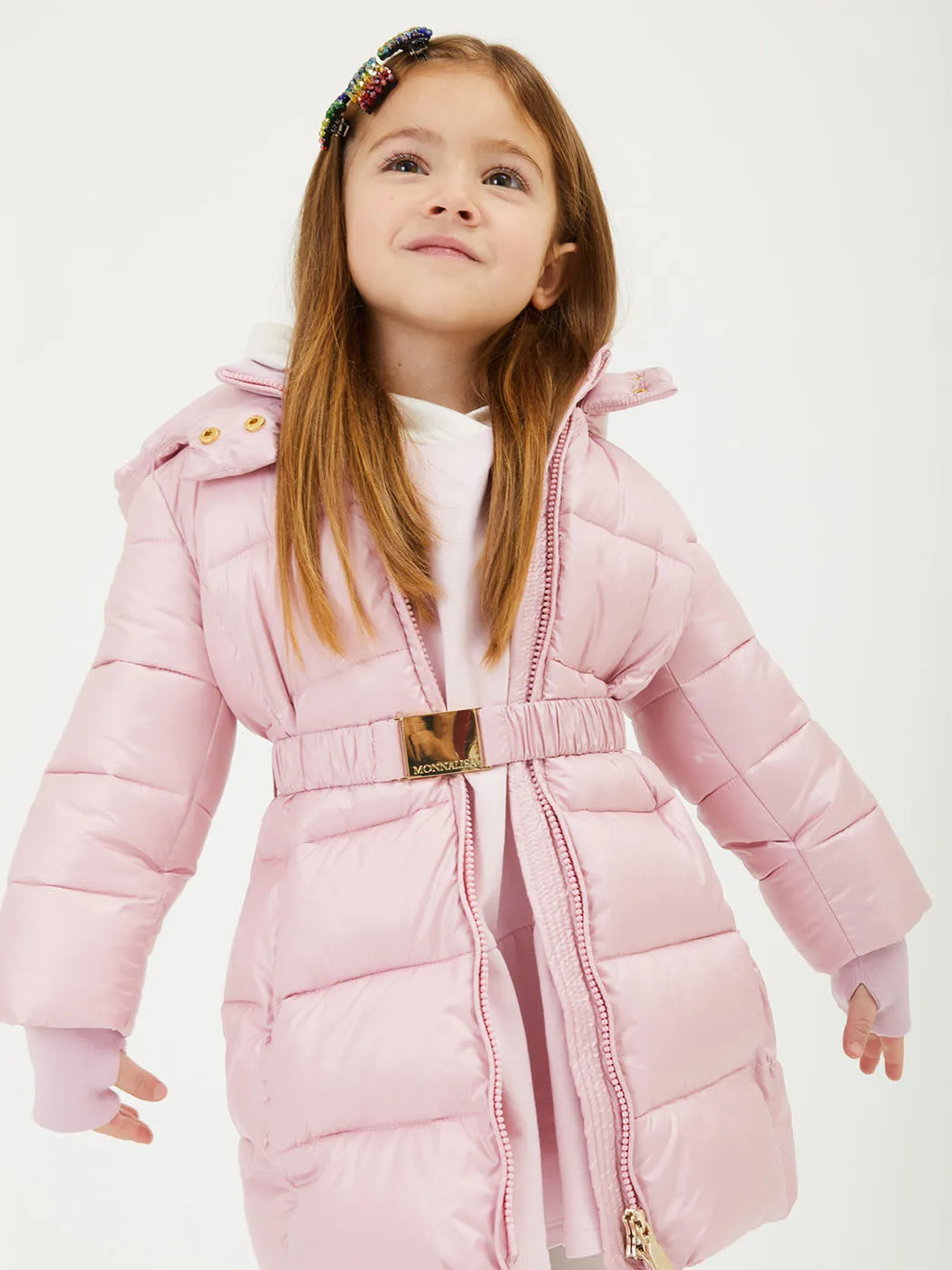 MONNALISA Technical down pink jacket with bow