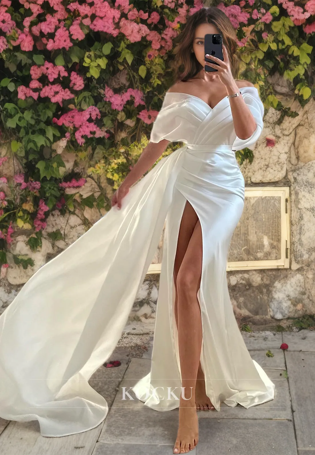 Off-Shoulder Sheath Wedding Dress High Split Pleats Satin Bridal Dress with Train