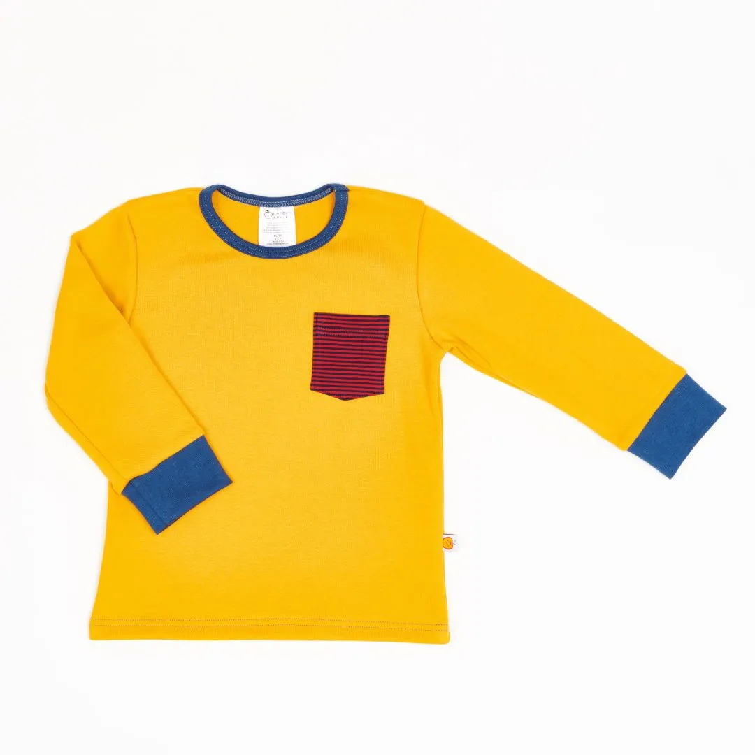 Organic cotton boys longsleeve top "Jacquard Mustard|Dark blue & red Stripes" made from 100% organic cotton