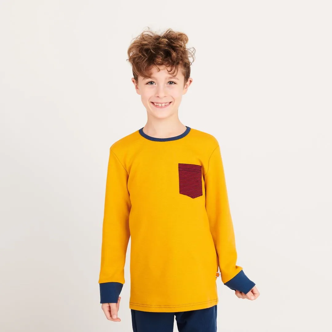 Organic cotton boys longsleeve top "Jacquard Mustard|Dark blue & red Stripes" made from 100% organic cotton