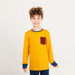 Organic cotton boys longsleeve top "Jacquard Mustard|Dark blue & red Stripes" made from 100% organic cotton