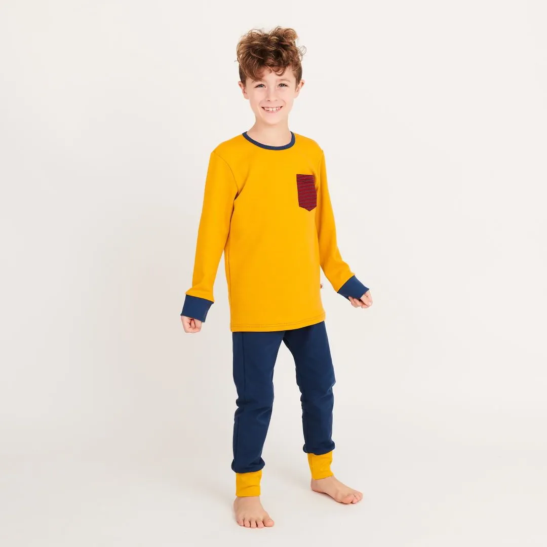 Organic cotton boys longsleeve top "Jacquard Mustard|Dark blue & red Stripes" made from 100% organic cotton