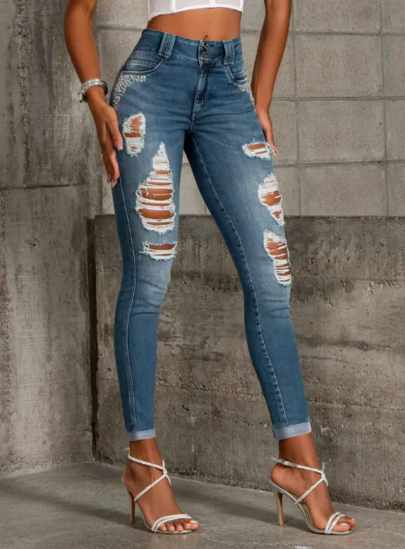 Pit Bull Jeans Women's High Waist Ripped Jeans Pants With Butt Lift 64771