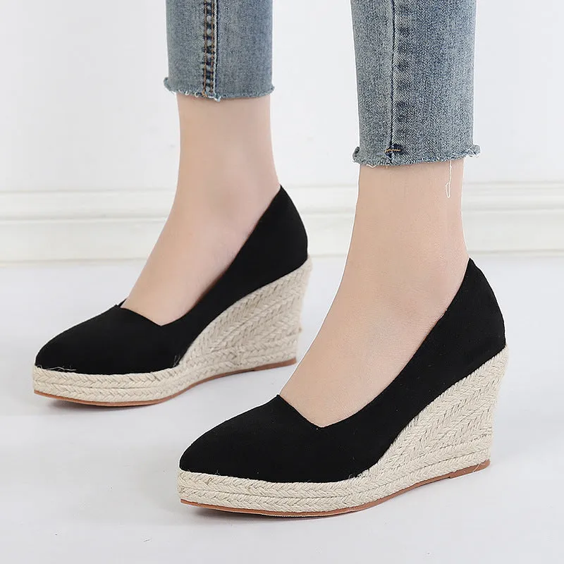 Pointed Toe Platform High Heel Work Shoes Thick Heel Straw Woven