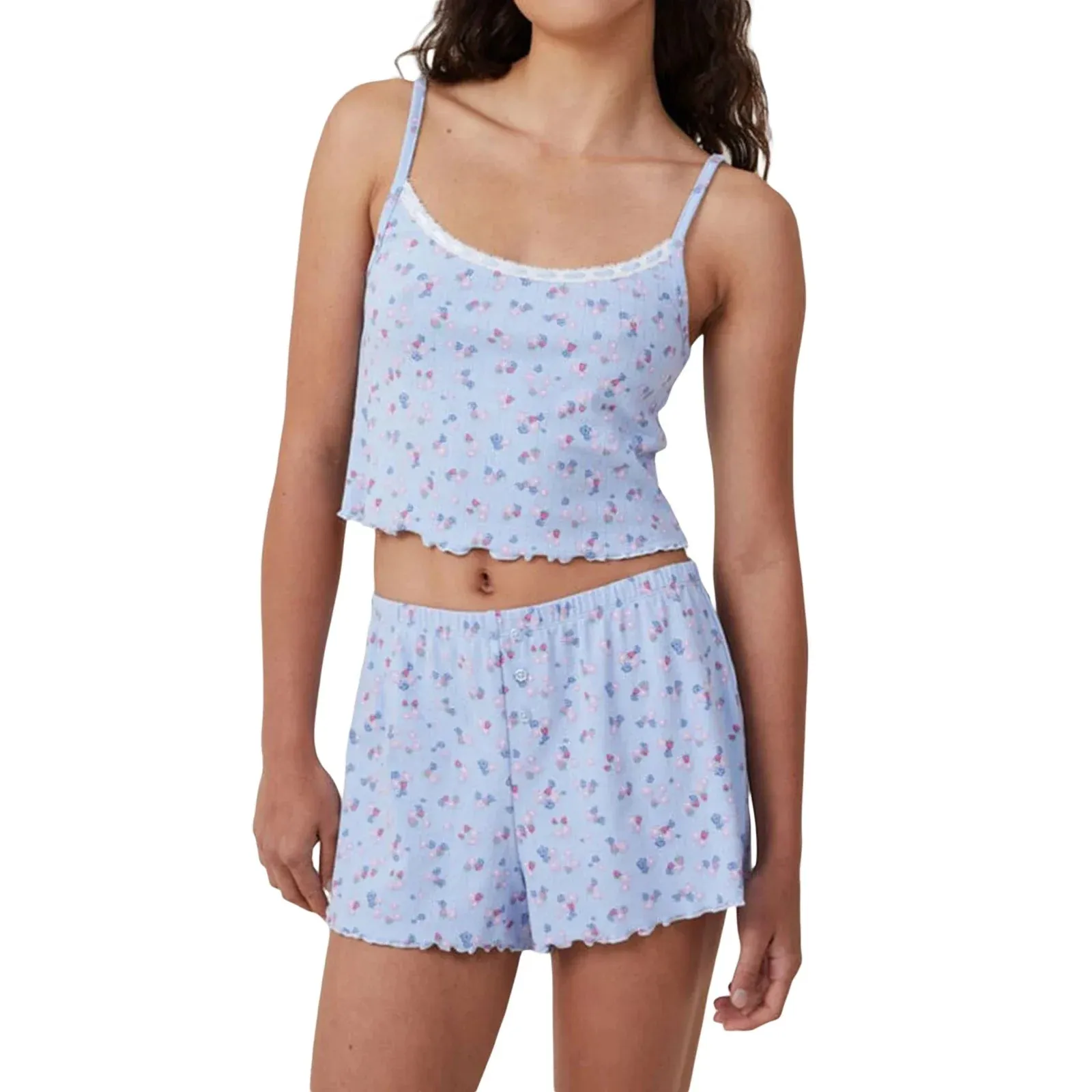 Print Camisoles Elastic Waist Tank Tops Shorts Sleepwear Floral Pajamas