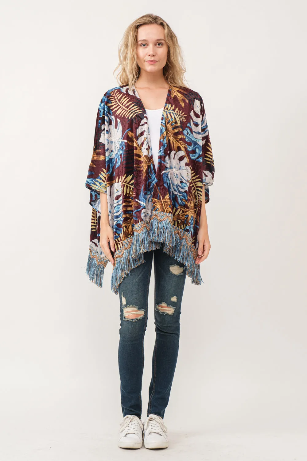 RAJ AERIN FAUX VELVET FLORAL FRINGE KIMONO MIDNIGHT BLUE