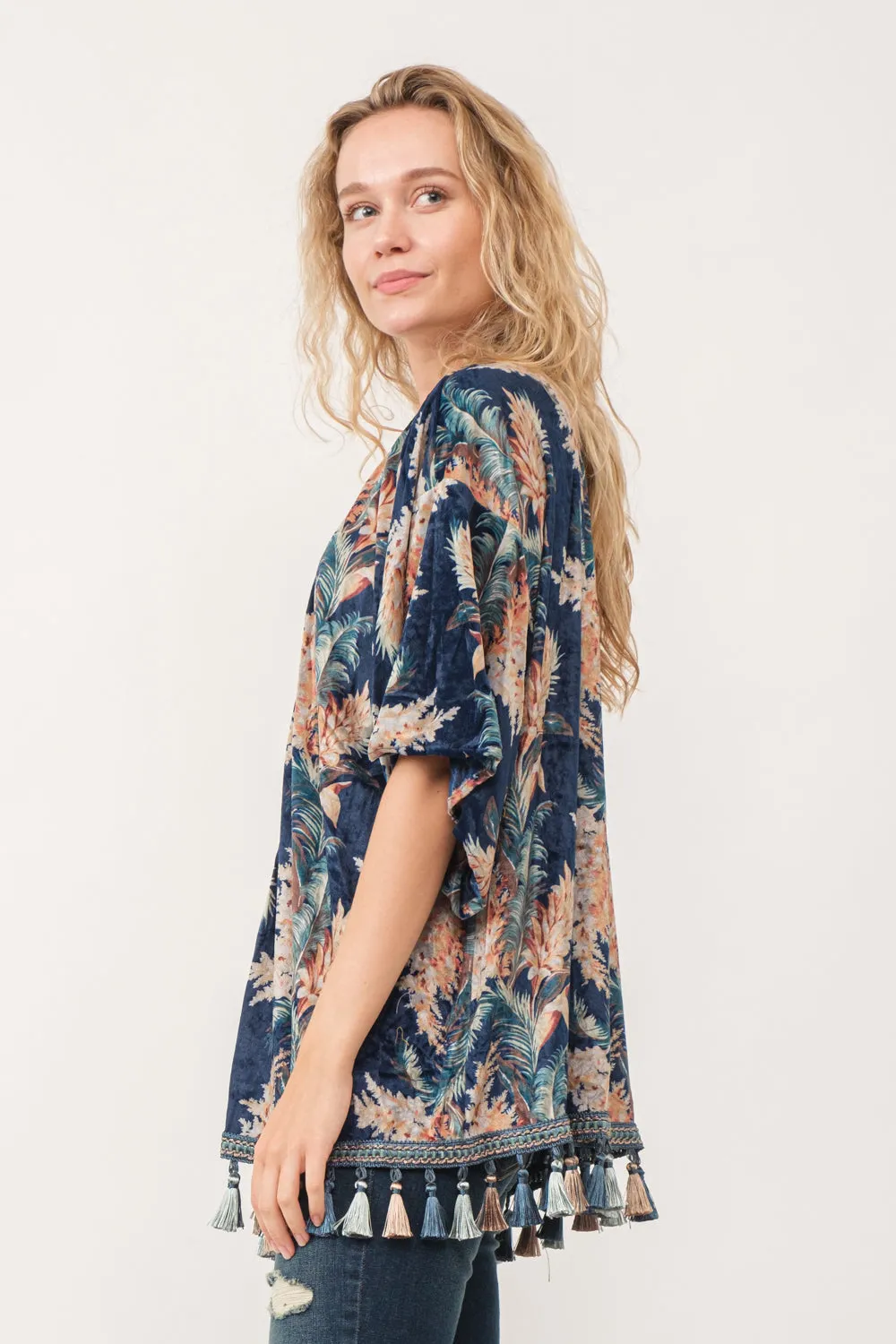 RAJ AERIN FAUX VELVET FLORAL FRINGE KIMONO MIDNIGHT BLUE