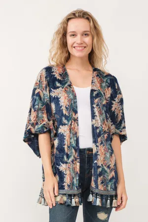 RAJ AERIN FAUX VELVET FLORAL FRINGE KIMONO MIDNIGHT BLUE