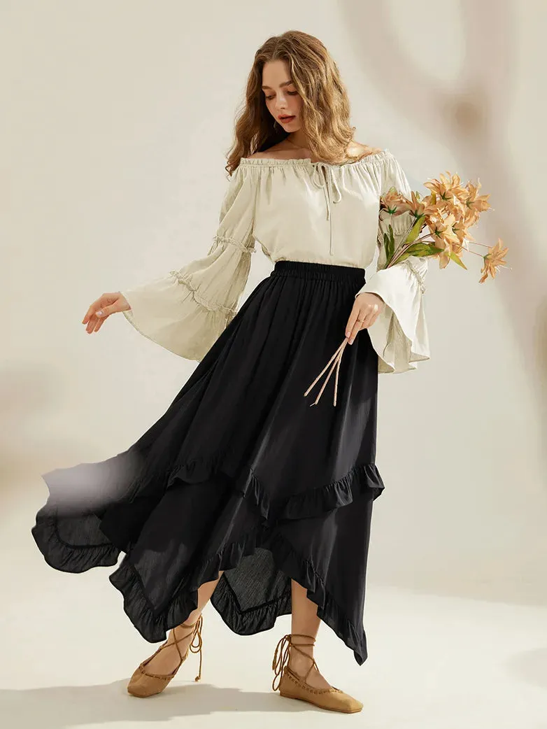 Renaissance Off Shoulder Tops Bell Sleeve Ruffled Hem Tops