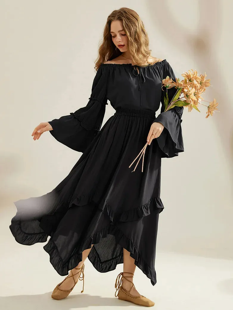 Renaissance Off Shoulder Tops Bell Sleeve Ruffled Hem Tops