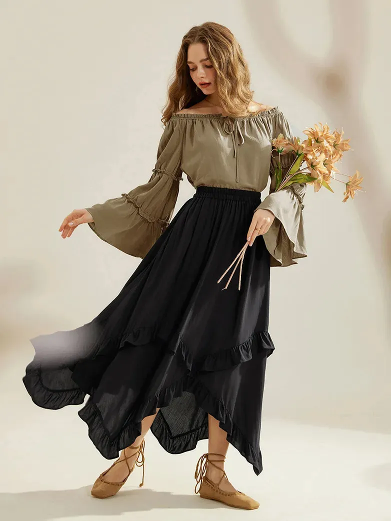 Renaissance Off Shoulder Tops Bell Sleeve Ruffled Hem Tops