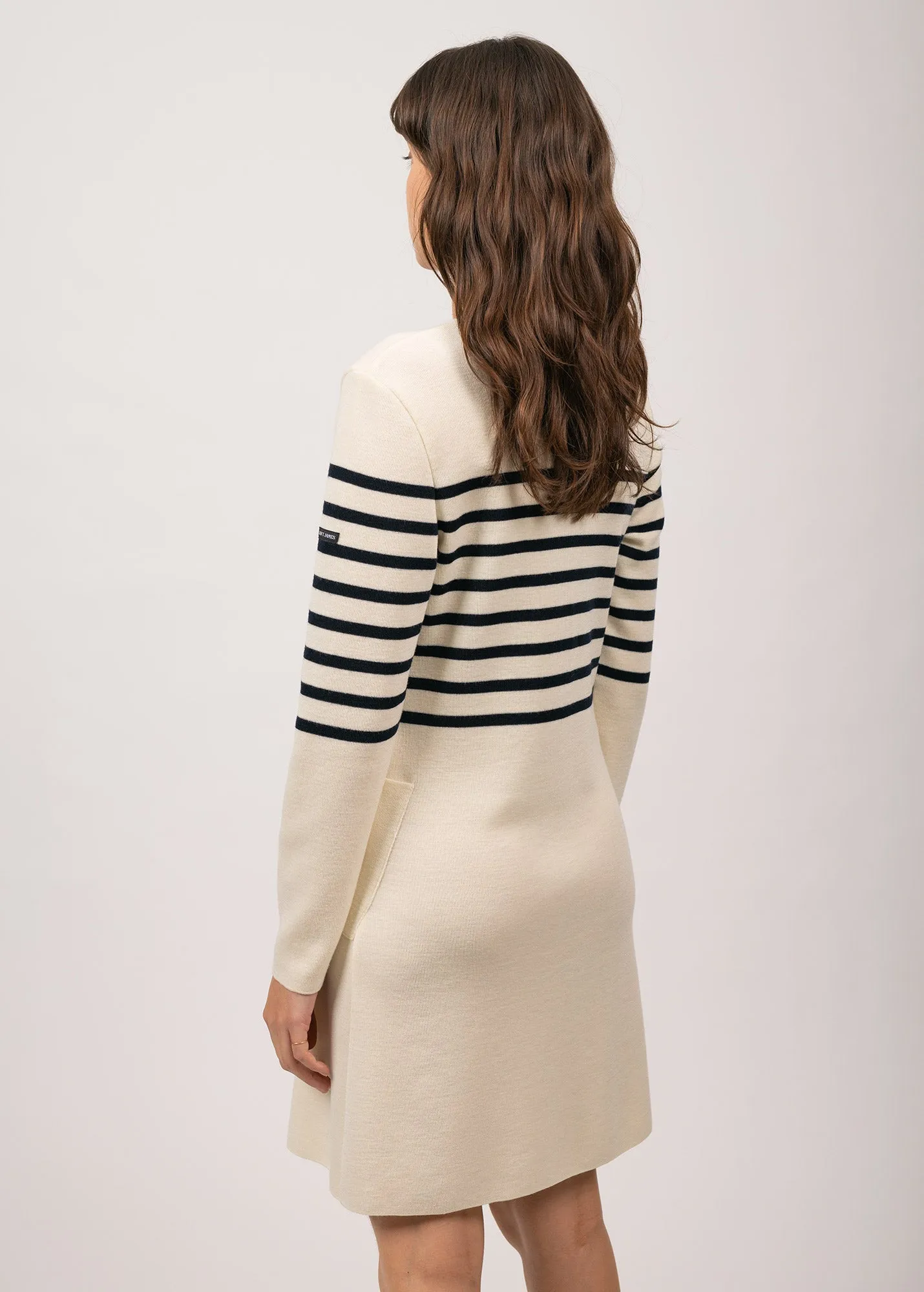 Royale striped dress in wool - crossed V neck (ECUME/NAVY)