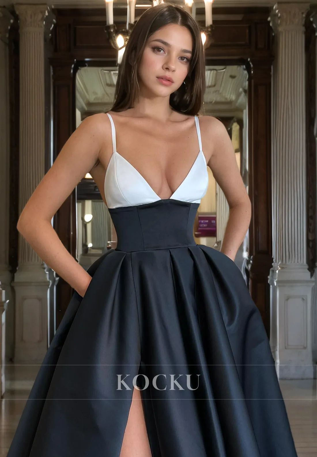 Sexy & Hot Spaghetti Straps V-Neck A-Line Split Evening Party Prom Dress