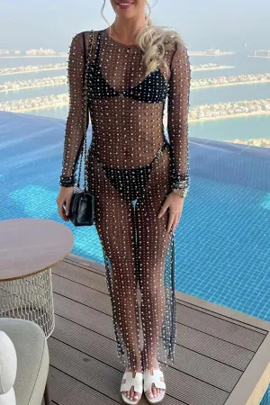 Sexy Round Neck Long Sleeve Faux Pearl Split Sheer Mesh Maxi Dress - Black