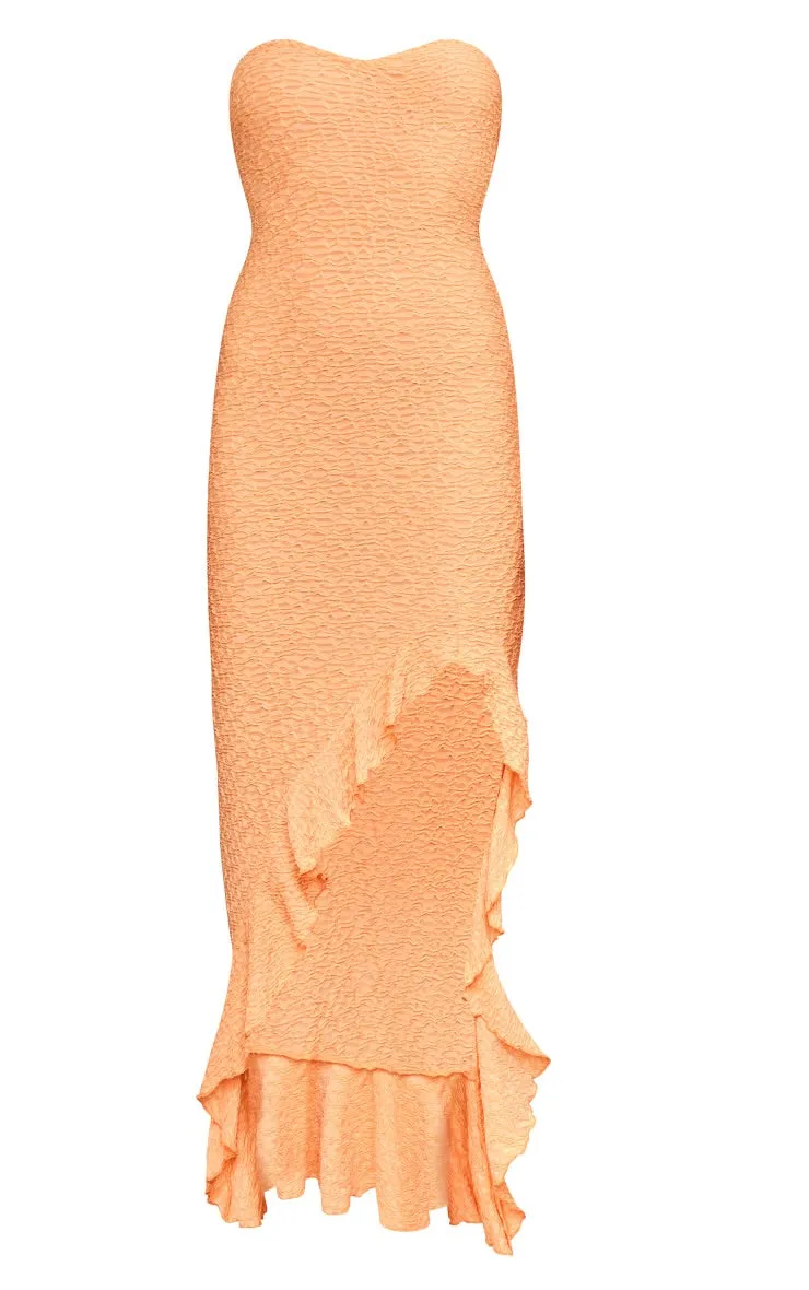 Textured bandeau asymmetric frill hem midaxi dress in orange