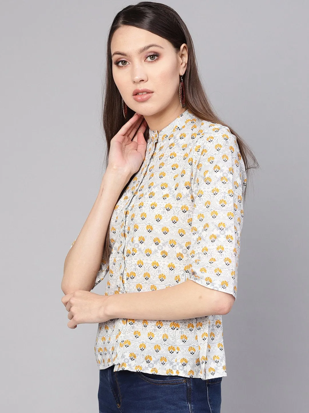 Women Blue & Mustard Yellow Printed Shirt Style Top